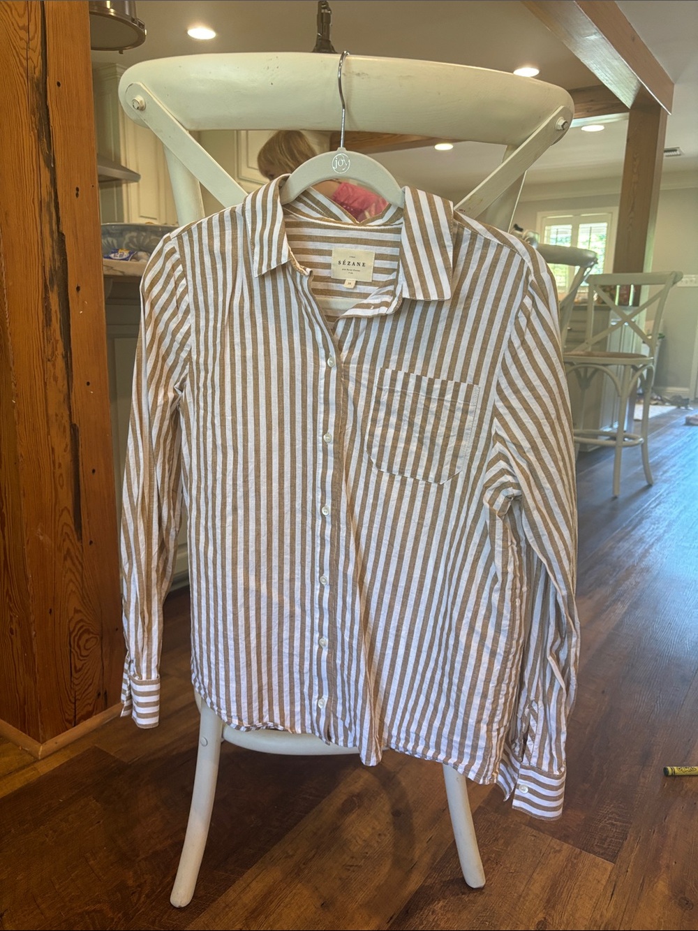 Sezane Striped Button-Down Shirt in White and Tan